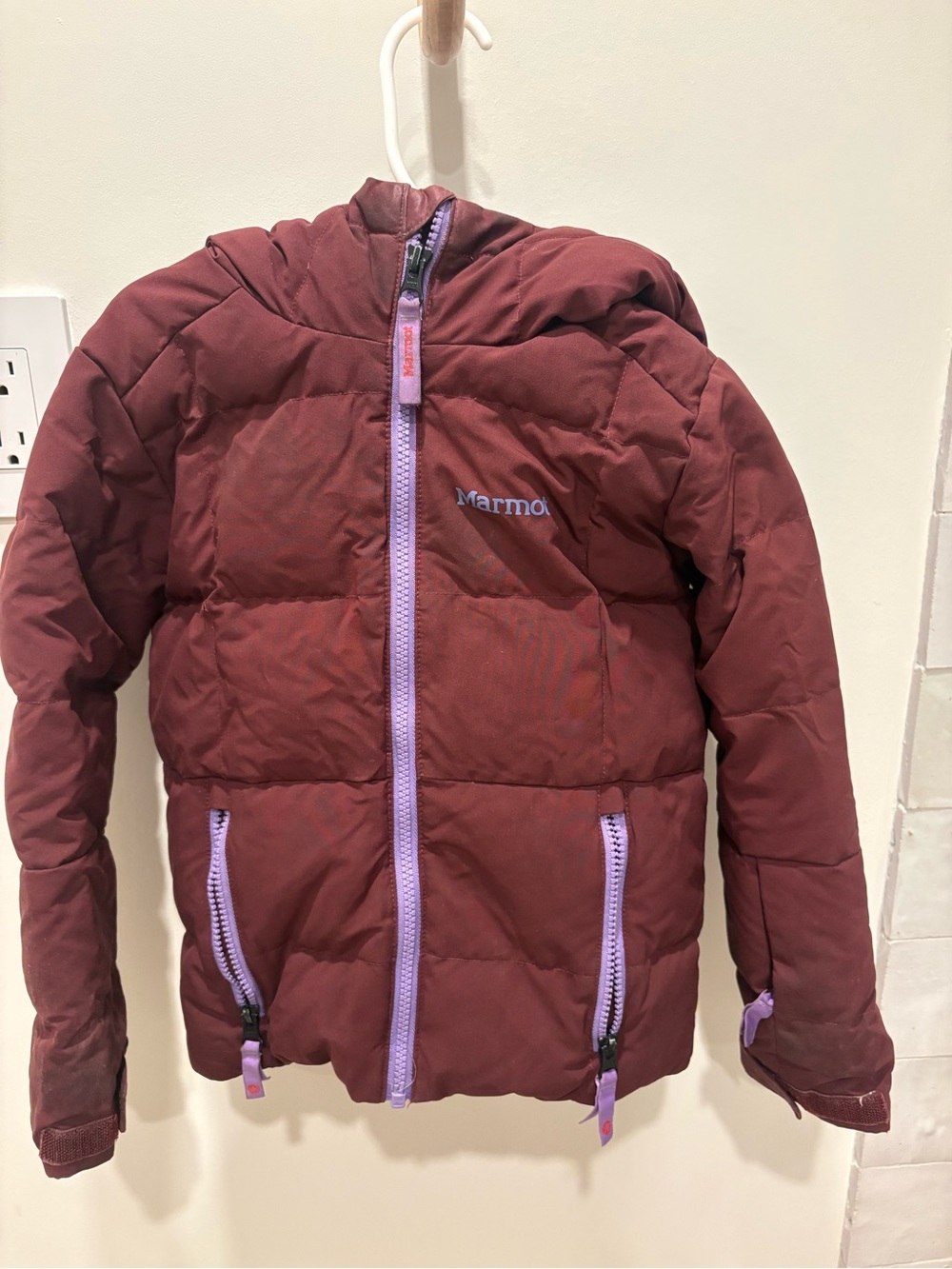 Marmot Kids Burgundy Puffer Jacket with Light Purple Zippers